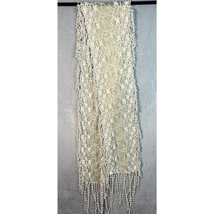 RYU Scarf Beige Lace‎ Fringe Leaves Sheer Anthropologie 7” W X 59” L